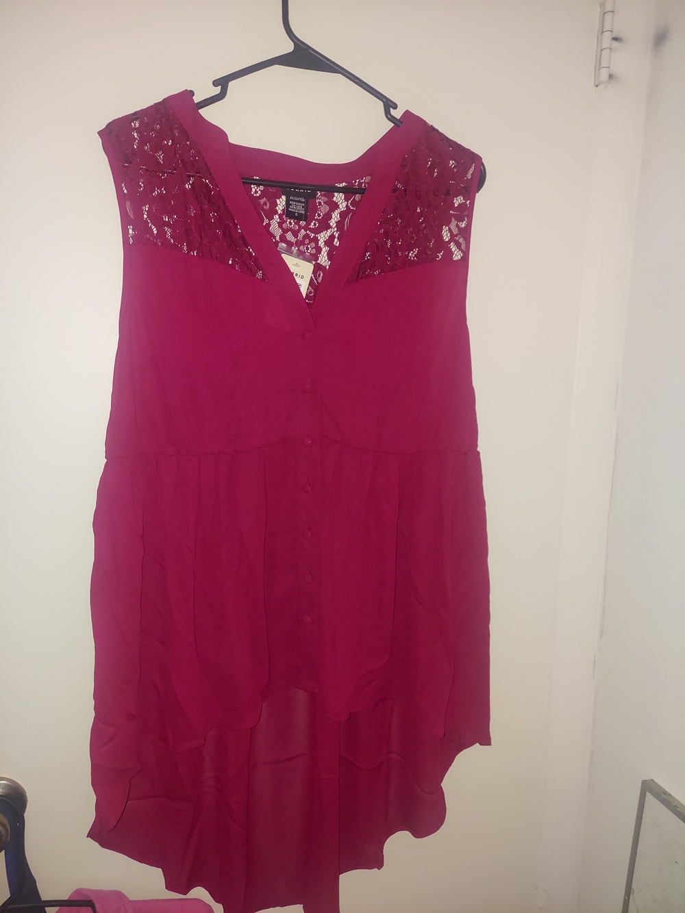 Torrid Lace-Yoke Button Front High-Low Tunic - Deep Magenta